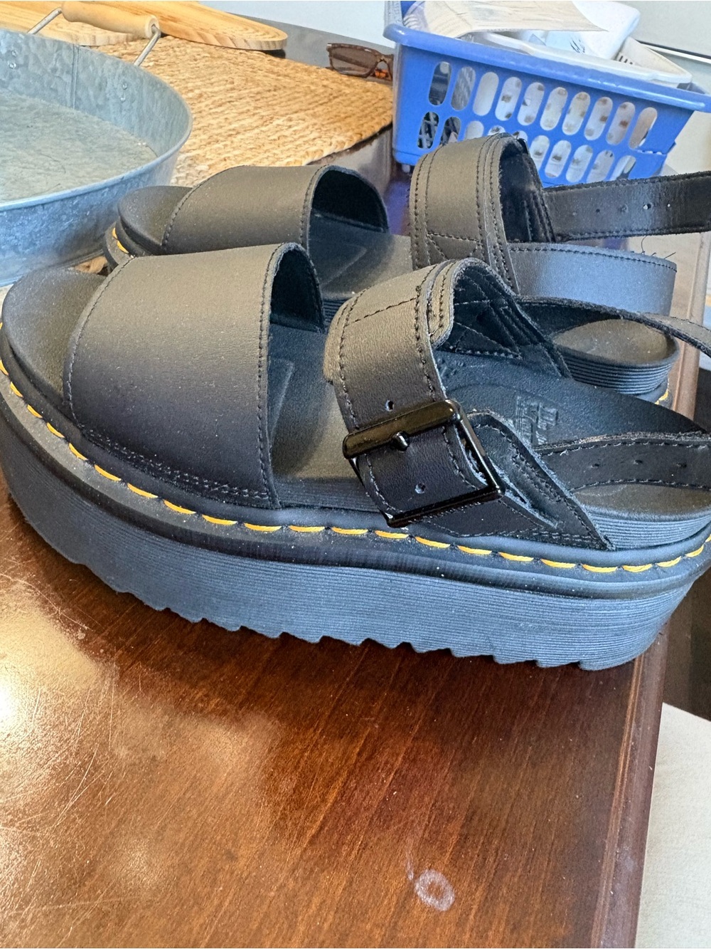 Dr. Martens Black Platform Sandals with Yellow Stitching